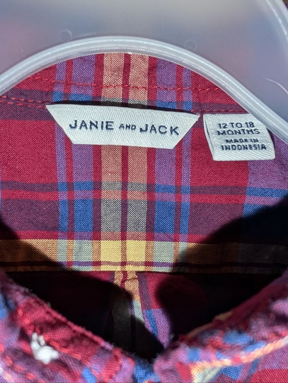 Janie and Jack Navy Burgundy Plaid Short Sleeve Button-Down Shirt Toddler Boys - Picture 3 of 4